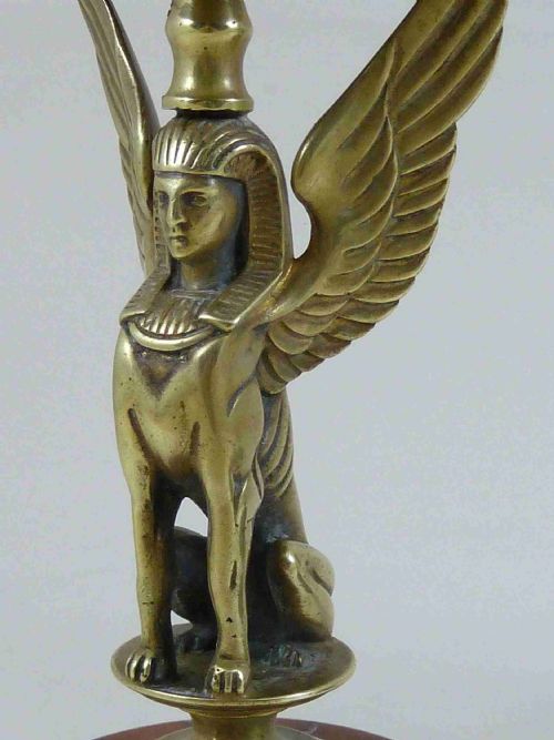EGYPTIAN REVIVAL SPHINX CANDLESTICKS RED MARBLE FRENCH SPHYNX VICTORIAN - ADDITIONAL PHOTO 4