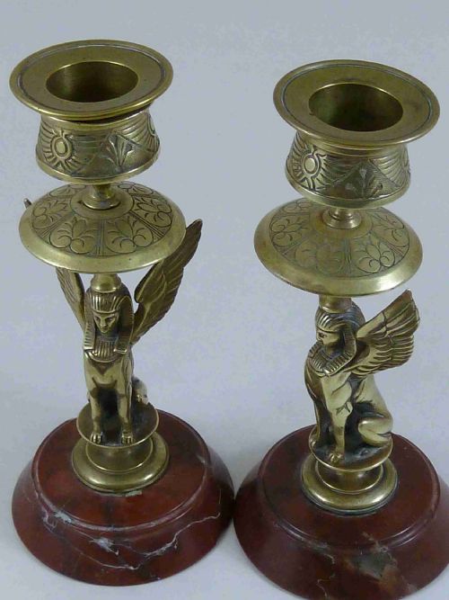 EGYPTIAN REVIVAL SPHINX CANDLESTICKS RED MARBLE FRENCH SPHYNX VICTORIAN - ADDITIONAL PHOTO 6
