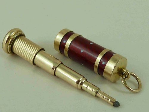 gold charm red guilloche enamel propelling pencil fob pendant antique - CATEGORY: ANTIQUE JEWELLERY - DATED 1900