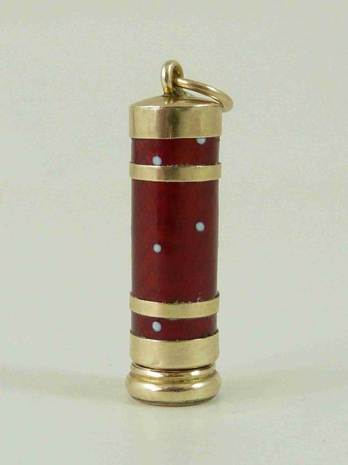 GOLD CHARM RED GUILLOCHE ENAMEL PROPELLING PENCIL FOB PENDANT ANTIQUE - ADDITIONAL PHOTO 2