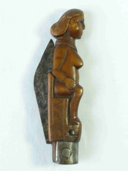 FRENCH AMERICAN FOLDING CLASP PENNY KNIFE CARVED BOXWOOD STEEL SEATED NUDE LADY TREEN - ADDITIONAL PHOTO 1