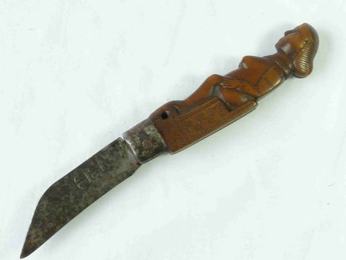 FRENCH AMERICAN FOLDING CLASP PENNY KNIFE CARVED BOXWOOD STEEL SEATED NUDE LADY TREEN - ADDITIONAL PHOTO 7