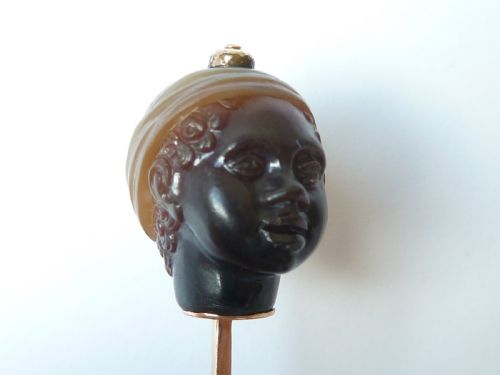 CARVED HARDSTONE BLACKAMOOR HEAD GOLD STICK STOCK PIN AGATE BROOCH - ADDITIONAL PHOTO 14