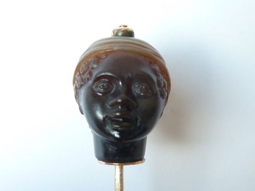 CARVED HARDSTONE BLACKAMOOR HEAD GOLD STICK STOCK PIN AGATE BROOCH - ADDITIONAL PHOTO 15