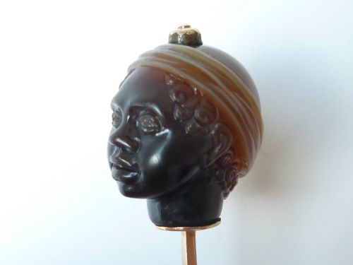 CARVED HARDSTONE BLACKAMOOR HEAD GOLD STICK STOCK PIN AGATE BROOCH - ADDITIONAL PHOTO 18
