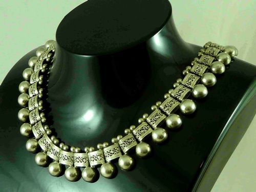 victorian solid sterling silver collar pierced floral box link chain fringe necklace bead - CATEGORY: ANTIQUE JEWELLERY - DATED 1890