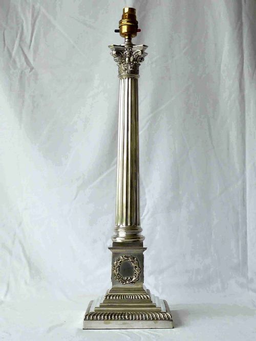 large victorian silver plate corinthian column table lamp oil english - CATEGORY: ANTIQUE LIGHTING - DATED 1880