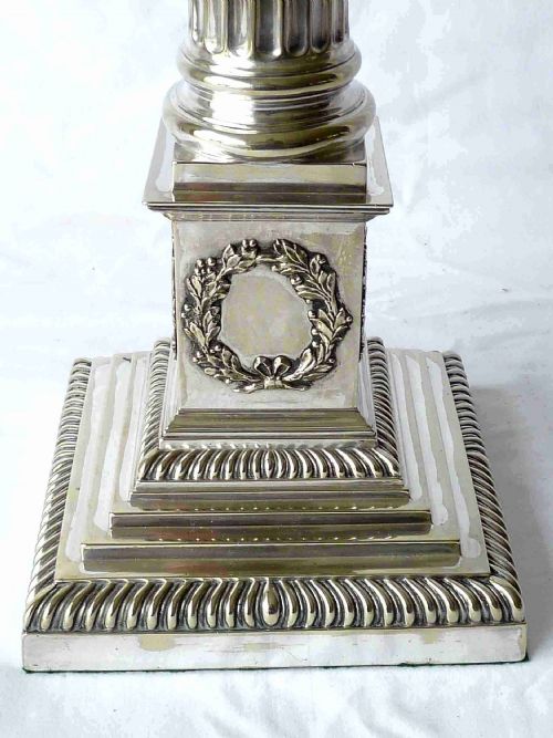 LARGE VICTORIAN SILVER PLATE CORINTHIAN COLUMN TABLE LAMP OIL ENGLISH - ADDITIONAL PHOTO 2