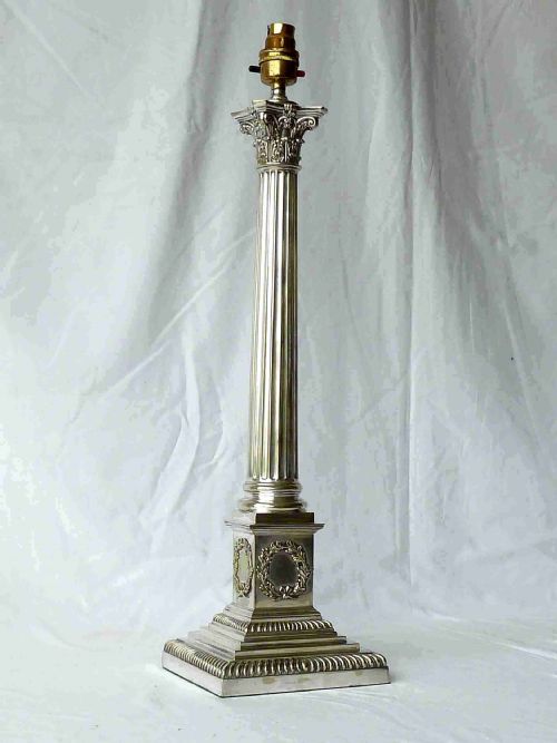 LARGE VICTORIAN SILVER PLATE CORINTHIAN COLUMN TABLE LAMP OIL ENGLISH - ADDITIONAL PHOTO 5