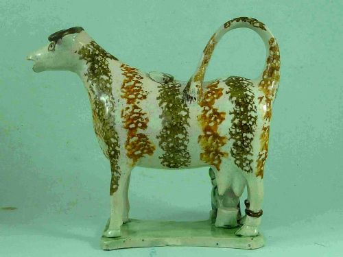 YORKSHIRE STAFFORDSHIRE PEARLWARE HOBBLED COW CREAMER MILKMAID FIGURE FLAT BASE - ADDITIONAL PHOTO 1