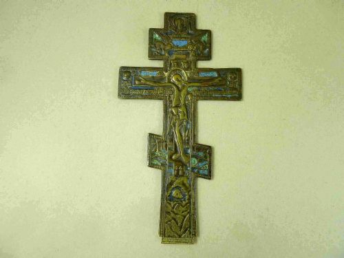 russian orthodox enamel brass crucifixion cross icon mourners serphim - CATEGORY: ANTIQUE METAL - DATED 19TH CENTURY