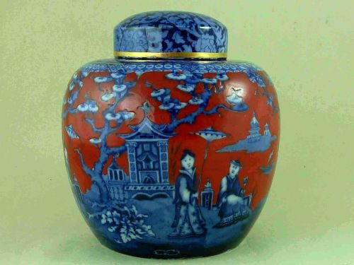blue white clobbered red ground ginger jar j kent foley ware fenton england chintz - CATEGORY: ANTIQUE CERAMICS - DATED 1890