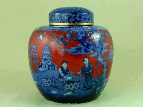 BLUE WHITE CLOBBERED RED GROUND GINGER JAR J KENT FOLEY WARE FENTON ENGLAND CHINTZ - ADDITIONAL PHOTO 1