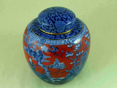BLUE WHITE CLOBBERED RED GROUND GINGER JAR J KENT FOLEY WARE FENTON ENGLAND CHINTZ - ADDITIONAL PHOTO 3