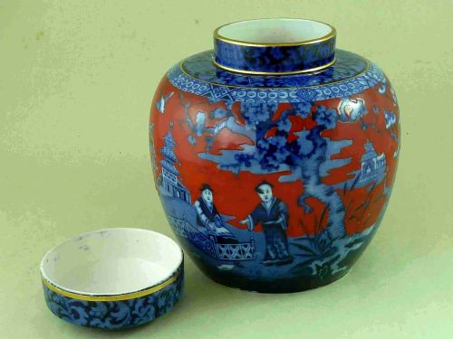 BLUE WHITE CLOBBERED RED GROUND GINGER JAR J KENT FOLEY WARE FENTON ENGLAND CHINTZ - ADDITIONAL PHOTO 4
