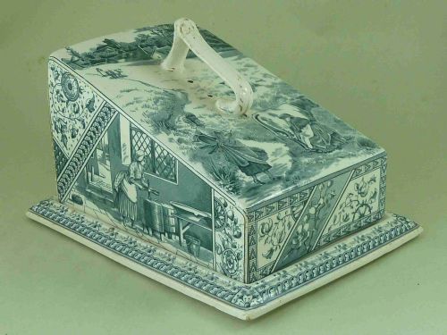 blue and white wedge cheese dish cover dairy milk maid burgess leigh burslem cheshire pottery printed pattern victorian 1890 - CATEGORY: ANTIQUE CERAMICS - DATED 1890
