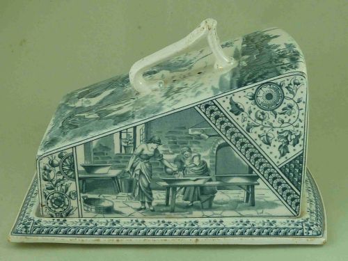 BLUE AND WHITE WEDGE CHEESE DISH COVER DAIRY MILK MAID BURGESS LEIGH BURSLEM CHESHIRE POTTERY PRINTED PATTERN VICTORIAN 1890 - ADDITIONAL PHOTO 4