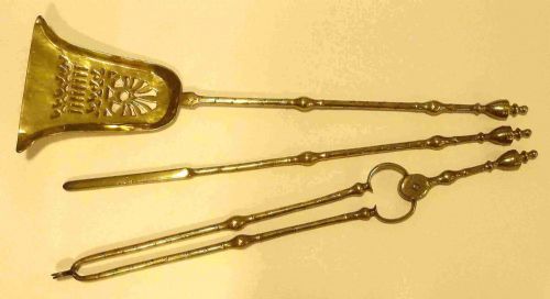 set three georgian foliate engraved brass fire tools irons irish - CATEGORY: ANTIQUE FIREPLACES - DATED 18TH CENTURY