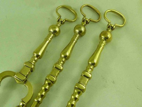 SET THREE ANTIQUE BRASS FIRE TOOLS DOOR KNOCKER RING HANDLE IRONS - ADDITIONAL PHOTO 2