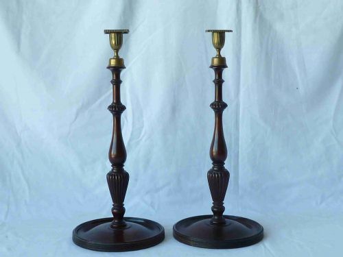 pair tall georgian style mahogany brass candlesticks - CATEGORY: ANTIQUE LIGHTING - DATED 1900