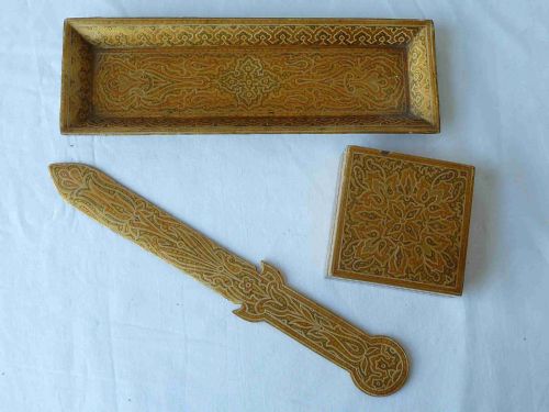 KASHMIRI DESK SET BLOTTER LETTER RACK PAPER KNIFE LACQUER INDIA - ADDITIONAL PHOTO 4