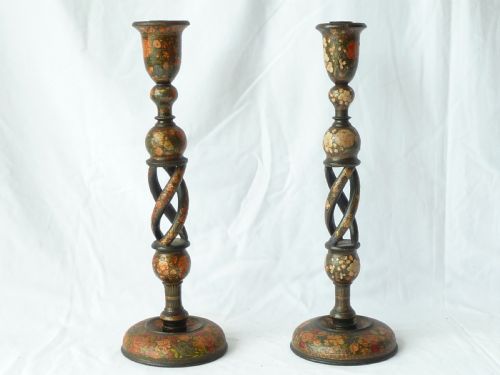 PAIR KASHMIRI LACQUER INDIAN CANDLESTICKS LAMPS - ADDITIONAL PHOTO 1