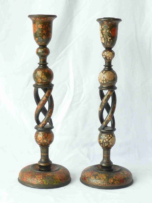 pair kashmiri lacquer indian candlesticks lamps - CATEGORY: ANTIQUE LIGHTING - DATED 1900