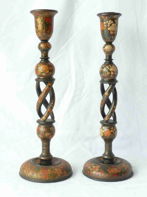 PAIR KASHMIRI LACQUER INDIAN CANDLESTICKS LAMPS - ADDITIONAL PHOTO 2