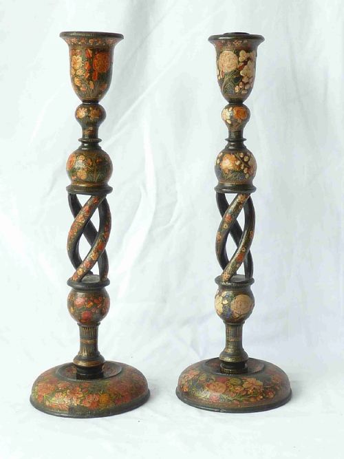 PAIR KASHMIRI LACQUER INDIAN CANDLESTICKS LAMPS - ADDITIONAL PHOTO 3