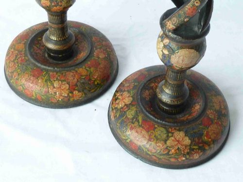 PAIR KASHMIRI LACQUER INDIAN CANDLESTICKS LAMPS - ADDITIONAL PHOTO 4