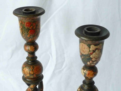 PAIR KASHMIRI LACQUER INDIAN CANDLESTICKS LAMPS - ADDITIONAL PHOTO 5