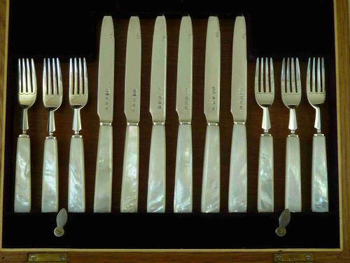 fig 1. Scottish Solid Sterling Silver Mother of Pearl Dessert Knives & Forks Boxed