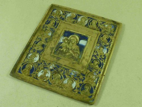 RUSSIAN ORTHODOX ENAMEL BRASS ICON MOTHER OF GOD THREE HANDS TROJERUCICA PLAQUETTE VIRGIN - ADDITIONAL PHOTO 1