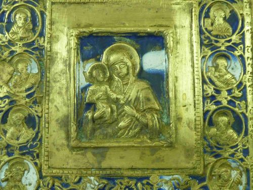 RUSSIAN ORTHODOX ENAMEL BRASS ICON MOTHER OF GOD THREE HANDS TROJERUCICA PLAQUETTE VIRGIN - ADDITIONAL PHOTO 3