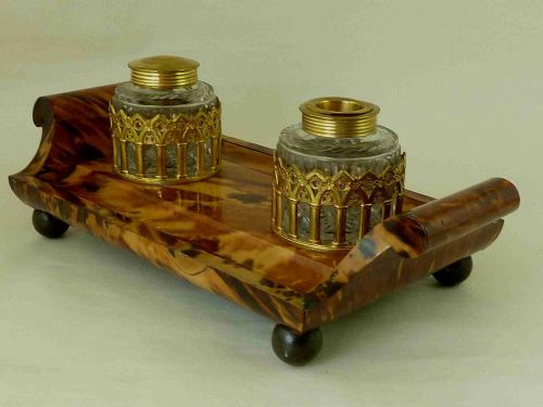 tortoiseshell inkstand english regency period inkwell desk accessory - CATEGORY: ANTIQUE MISCELLANEOUS - DATED 19TH CENTURY