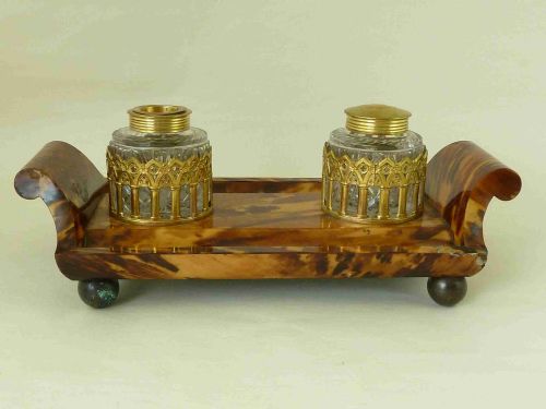 TORTOISESHELL INKSTAND ENGLISH REGENCY PERIOD INKWELL DESK ACCESSORY - ADDITIONAL PHOTO 1