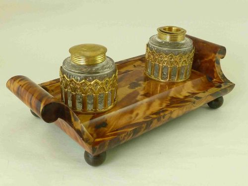TORTOISESHELL INKSTAND ENGLISH REGENCY PERIOD INKWELL DESK ACCESSORY - ADDITIONAL PHOTO 3