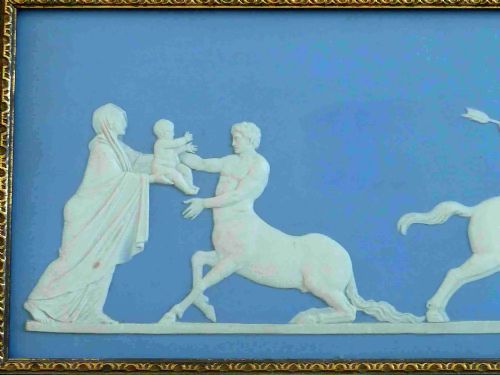 WEDGWOOD LIGHT BLUE JASPERWARE PLAQUE 1890 RECTANGULAR FRAMED MARKED JASPER ACHILLES DELIVERED TO CHIRON THE CENTAUR BY THETIS - ADDITIONAL PHOTO 1