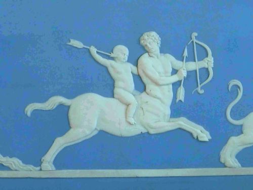WEDGWOOD LIGHT BLUE JASPERWARE PLAQUE 1890 RECTANGULAR FRAMED MARKED JASPER ACHILLES DELIVERED TO CHIRON THE CENTAUR BY THETIS - ADDITIONAL PHOTO 2