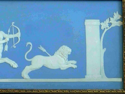 WEDGWOOD LIGHT BLUE JASPERWARE PLAQUE 1890 RECTANGULAR FRAMED MARKED JASPER ACHILLES DELIVERED TO CHIRON THE CENTAUR BY THETIS - ADDITIONAL PHOTO 3