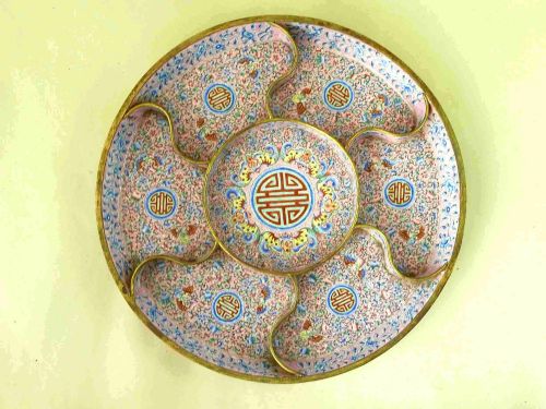 chinese qianlong pink enamel segmented tray bats cantonese blue blossom dish antique - CATEGORY: ANTIQUE CERAMICS - DATED 1800