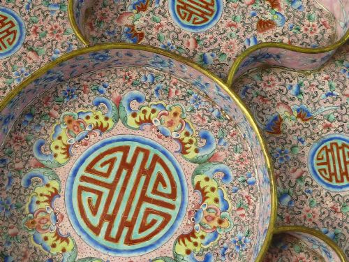 CHINESE QIANLONG PINK ENAMEL SEGMENTED TRAY BATS CANTONESE BLUE BLOSSOM DISH ANTIQUE - ADDITIONAL PHOTO 5