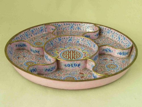 CHINESE QIANLONG PINK ENAMEL SEGMENTED TRAY BATS CANTONESE BLUE BLOSSOM DISH ANTIQUE - ADDITIONAL PHOTO 4