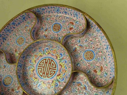 CHINESE QIANLONG PINK ENAMEL SEGMENTED TRAY BATS CANTONESE BLUE BLOSSOM DISH ANTIQUE - ADDITIONAL PHOTO 7