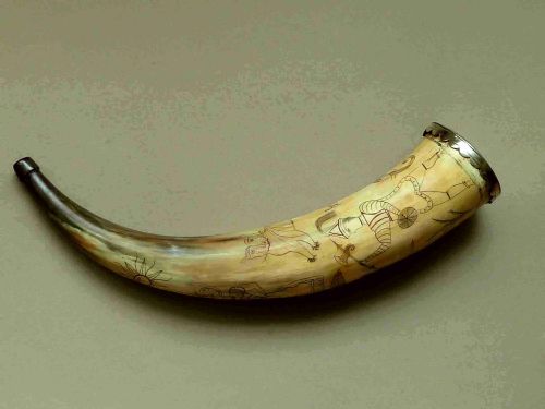 engraved powder horn naive folk art armorial mounted - CATEGORY: ANTIQUE MISCELLANEOUS - DATED 1850