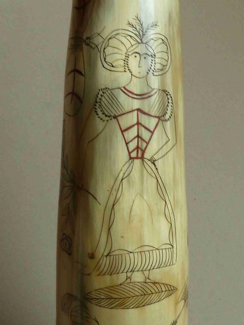ENGRAVED POWDER HORN NAIVE FOLK ART ARMORIAL MOUNTED - ADDITIONAL PHOTO 1