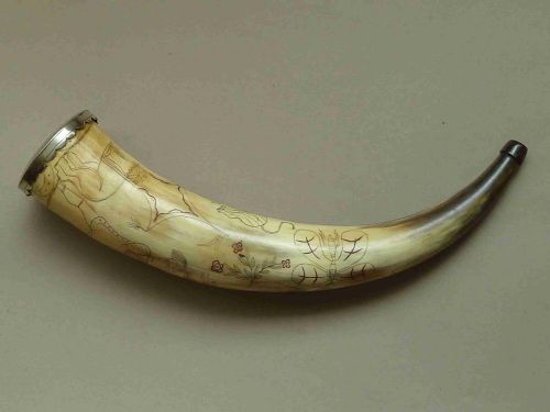 ENGRAVED POWDER HORN NAIVE FOLK ART ARMORIAL MOUNTED - ADDITIONAL PHOTO 5