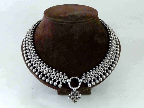 VICTORIAN SOLID SILVER COLLAR LINK CHAIN FRINGE NECKLACE BEAD CLASP STERLING - ADDITIONAL PHOTO 1