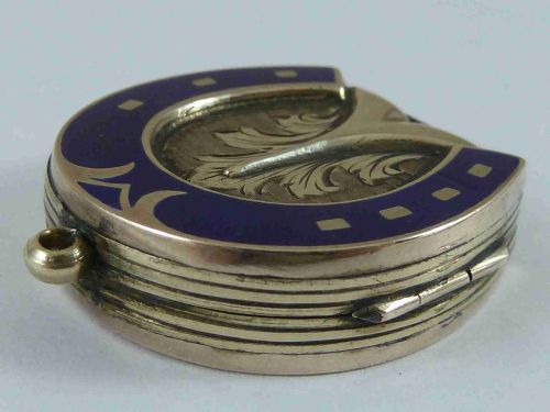 VICTORIAN ENAMEL SOLID GOLD HORSE SHOE PHOTO LOCKET PENDANT FOB ANTIQUE - ADDITIONAL PHOTO 3
