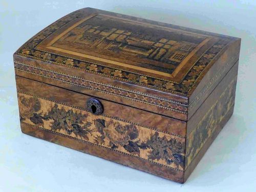 tunbridge ware shakespeares birthplace stationary box g wise makers label english - CATEGORY: ANTIQUE BOXES - DATED 1860